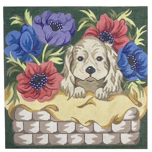 Puppy in Flower Basket Pillow
