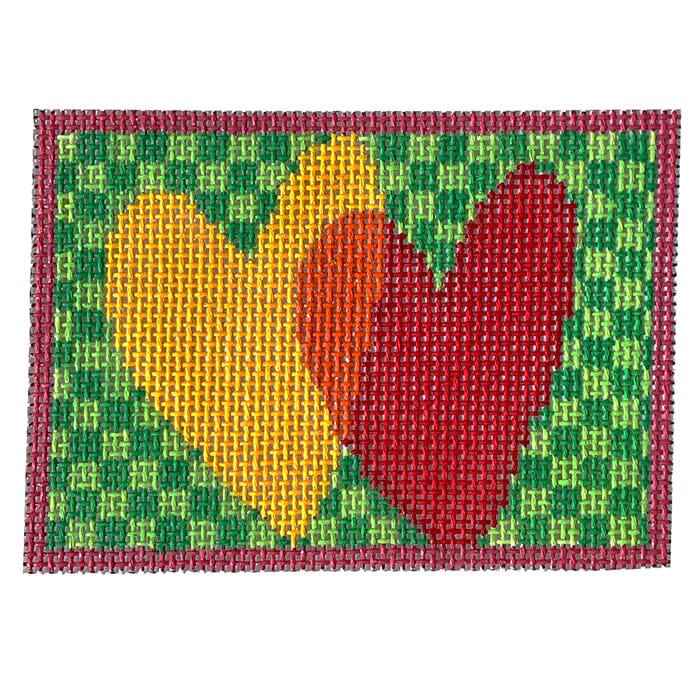 Red Orange Hearts on Checkerboard, Beige Canvas