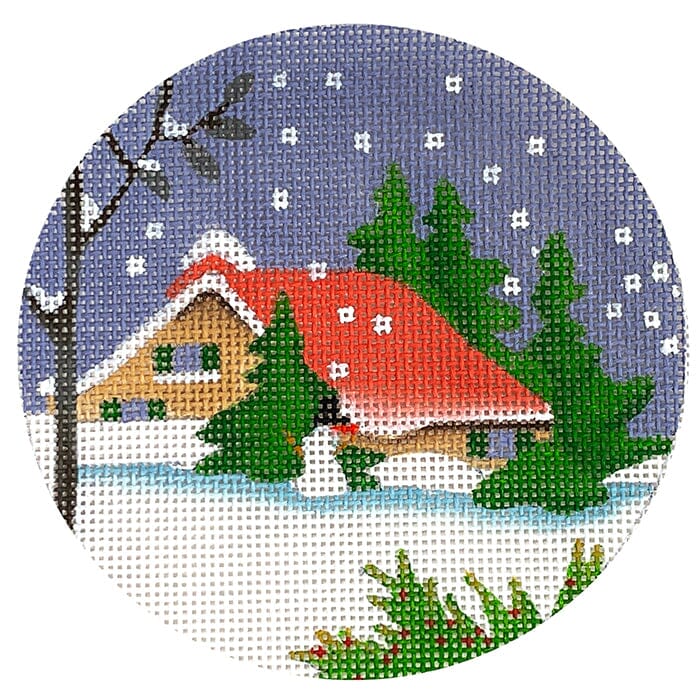 Red Roof Cottage Snowman Round