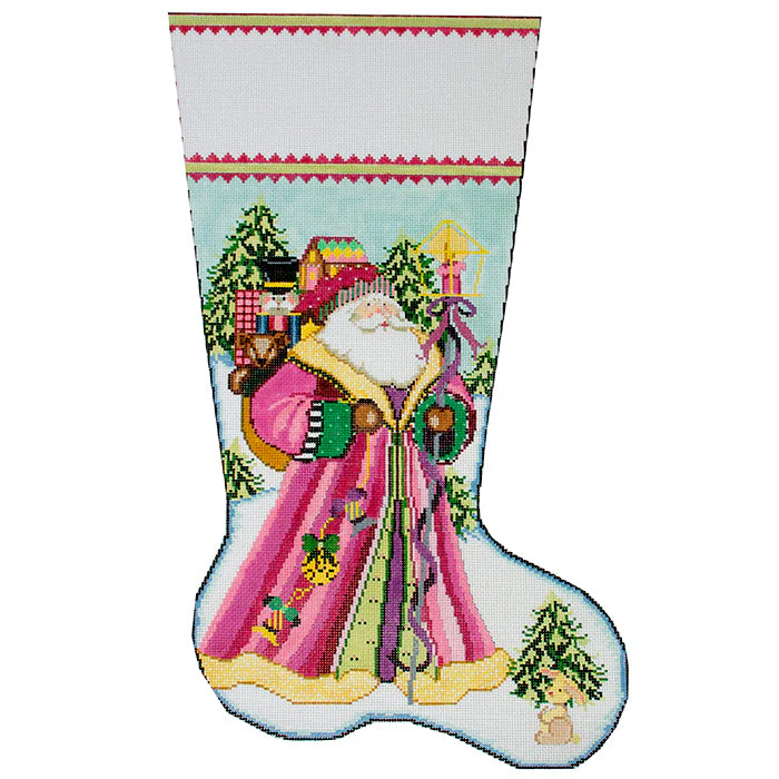 Santa Delivers Stocking in Pink Coat