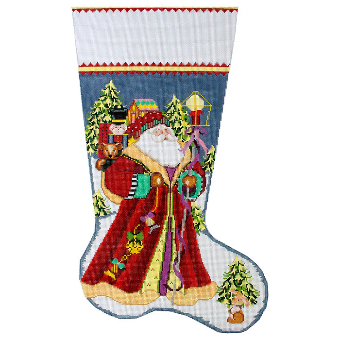 Santa Delivers Stocking in Red Coat