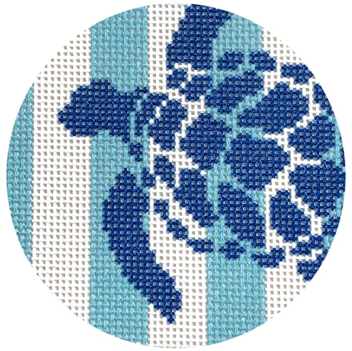 Sea Turtle Stencil on Aqua Stripes Round