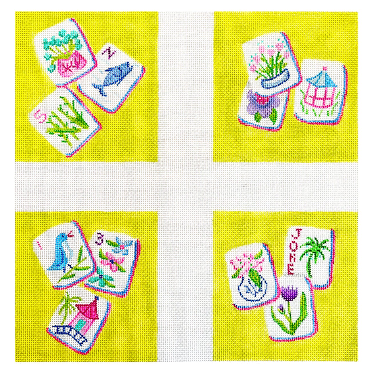 Set of 4 Coasters - Mahjong Tiles, Chinoiserie Theme on Lime