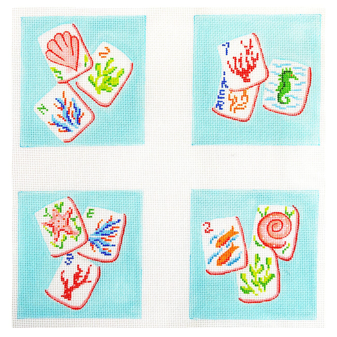 Set of 4 Coasters - Mahjong Tiles, Coral Reef Theme on Aqua