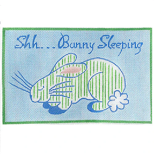 Shh... Bunny Sleeping - Green Striped on Blue