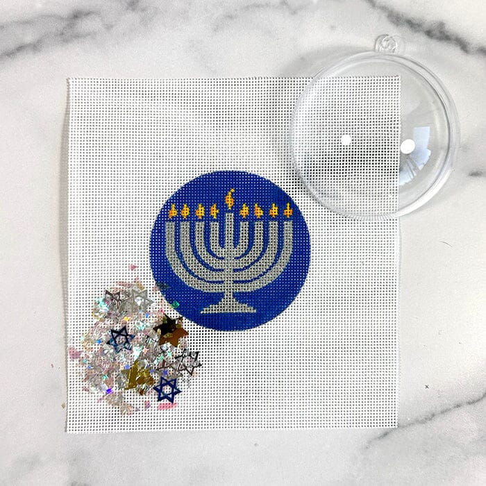 Silver Menorah Ornament with Clear Dome & Confetti