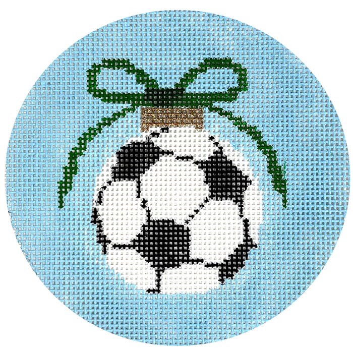 Soccer Ball with Green Bow on Blue Round