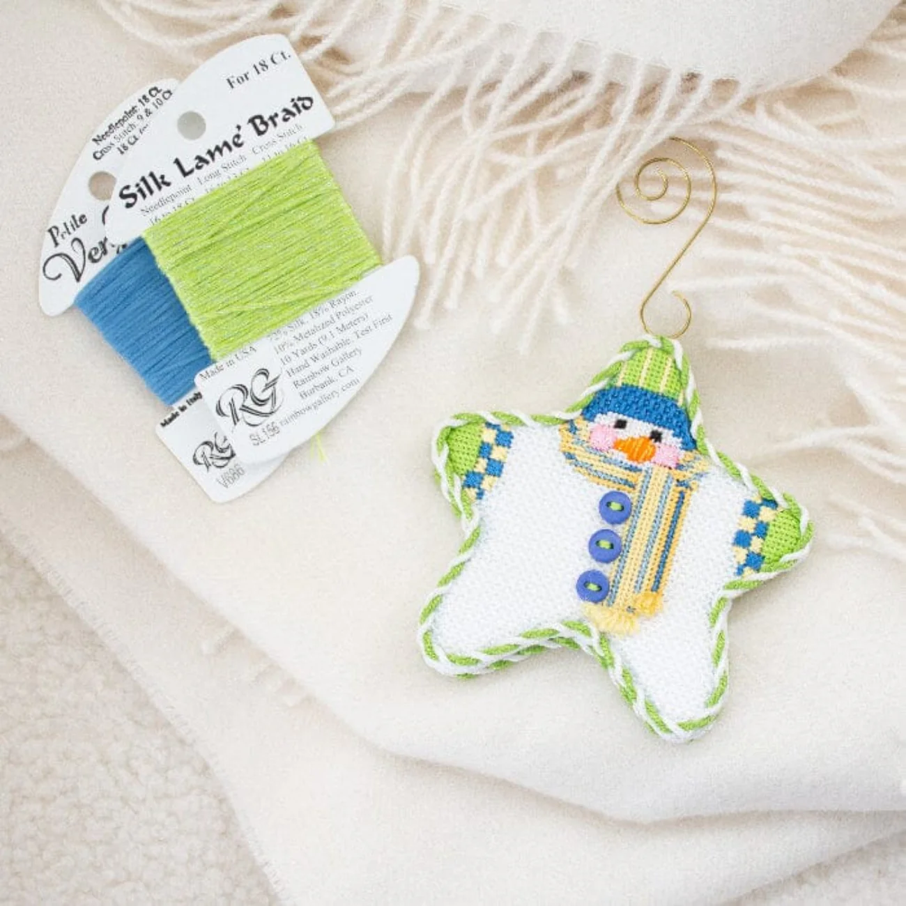 Star Shaped Snowman Blue/Yellow Striped Scarf with Stitch Guide - Image 2