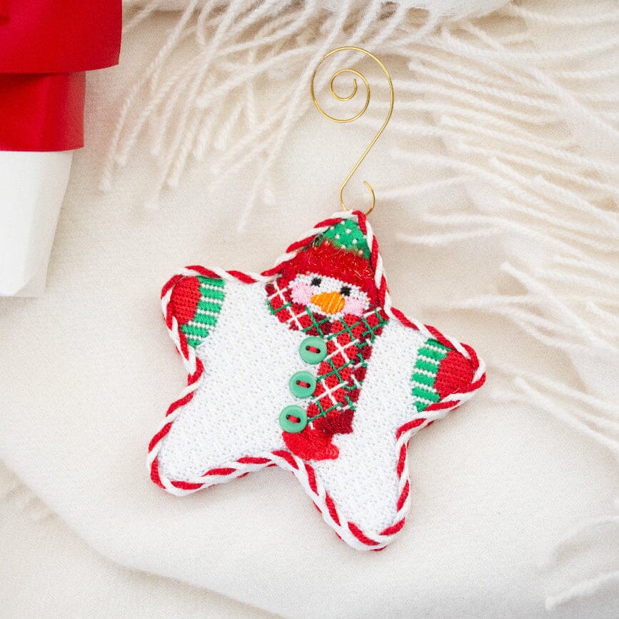 Star Shaped Snowman Red Diagonal Plaid Scarf with Stitch Guide - Image 2