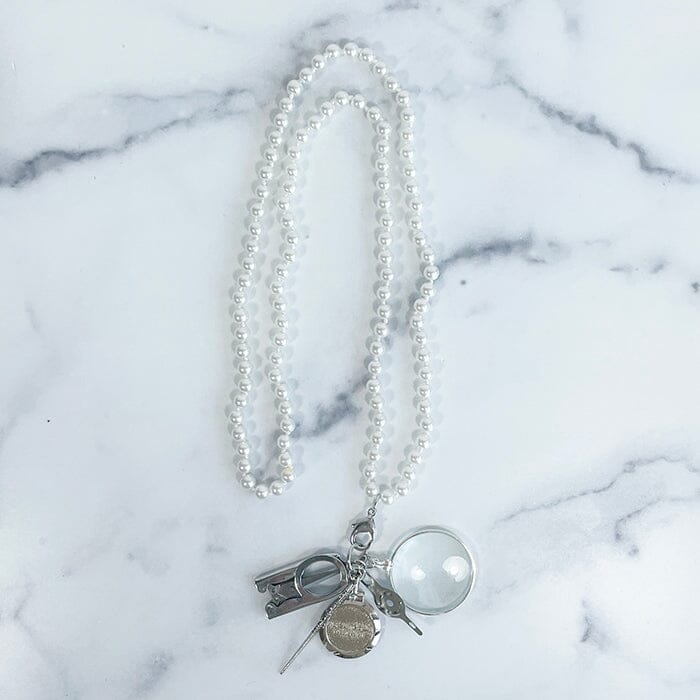 UP UP Chatelaine Necklace - White Pearl Glass Beads